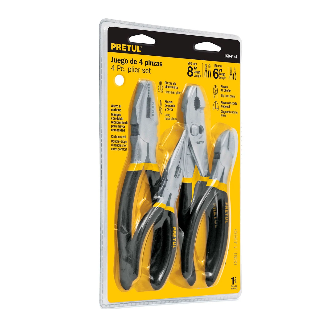 JUEGO DE PINZAS 4 PZ 8"/6" DE CORTE ELECTRICISTA PRETUL