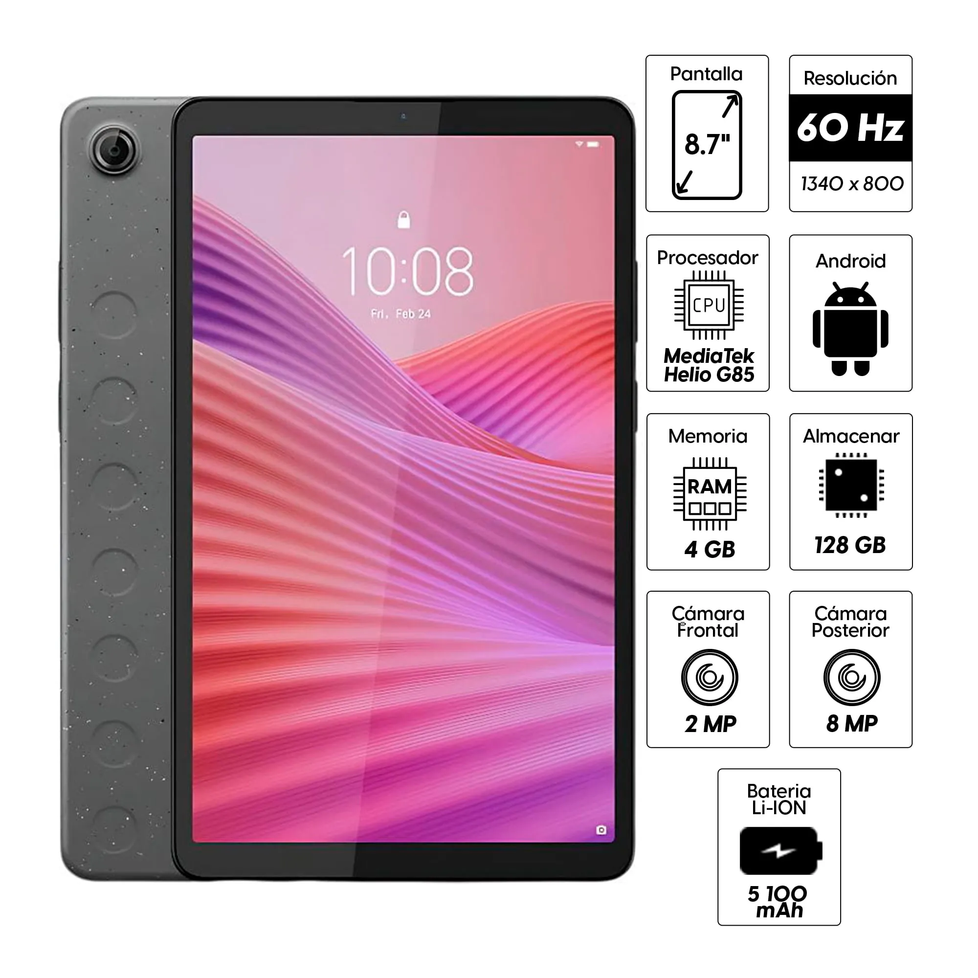 TABLET LENOVO ONE 8.7" HD IPS/ANTI 1340X800/TOUCH SCREEN/DDR4 GB/ 128GB/WIFI 5.1/BLUETOOH 5.3/ CAMARA 8 PIXELES/5100MAH