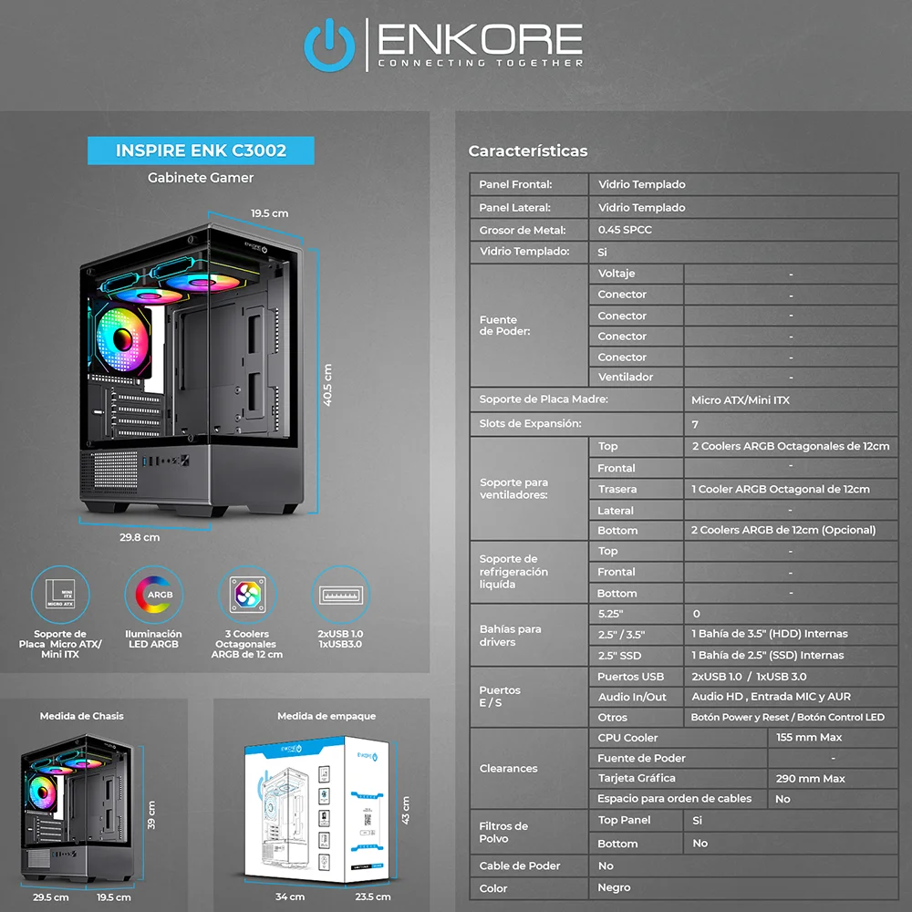 CASE ATX MOD INSPIRE BLACK ENCO C3002 SIN FUENTE GAMER 3 FAN