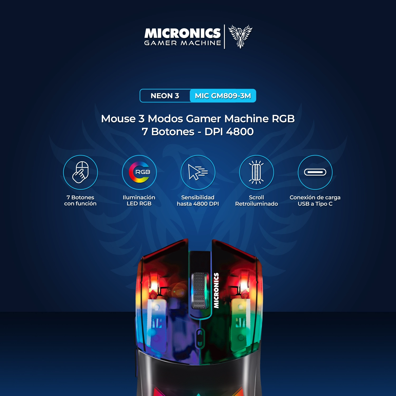MOUSE GAMING MOD NEON 3 MIC GM 809 -3MM WIFI RECARGABLE
