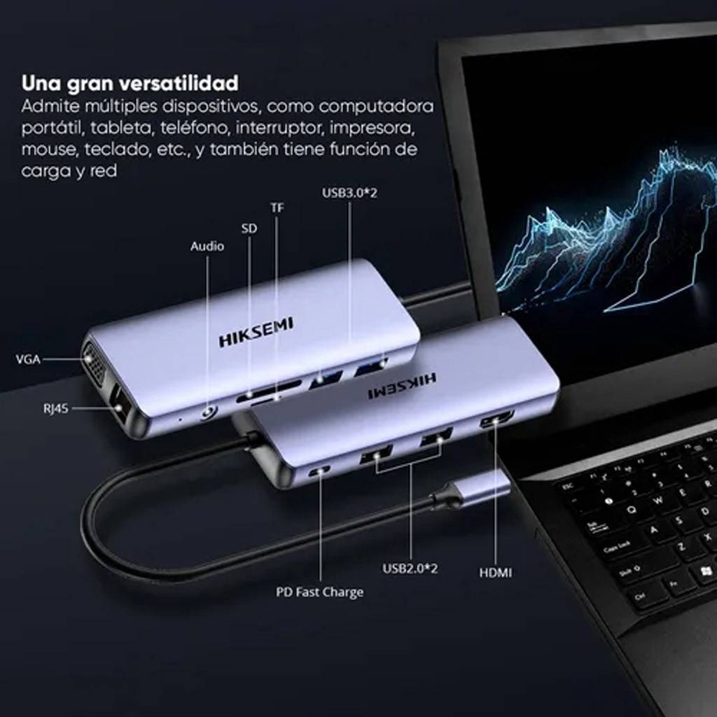 ADPATADOR TIPO C USB 11 ENTRADAS MULTIFUNCION CON RJ45 HIKSEMI